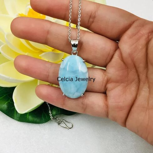 Pure 925 Sterling Silver Necklace For Women, Genuine Prong Larimar Cabochon Blue Oval Gemstone Unique Handcrafted Necklace Gift For Her in Saudi Arabia