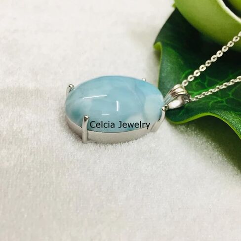 Pure 925 Sterling Silver Necklace For Women, Genuine Prong Larimar Cabochon Blue Oval Gemstone Unique Handcrafted Necklace Gift For Her in Saudi Arabia