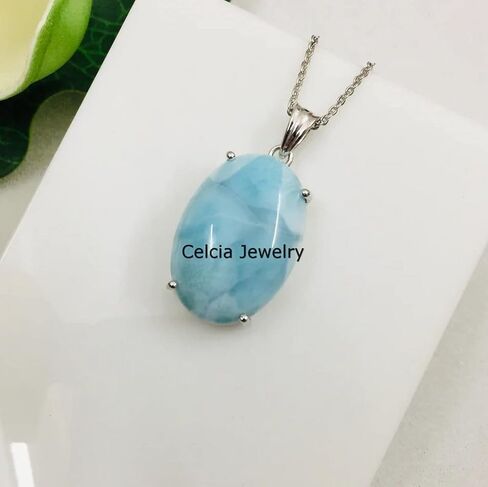 Pure 925 Sterling Silver Necklace For Women, Genuine Prong Larimar Cabochon Blue Oval Gemstone Unique Handcrafted Necklace Gift For Her in Saudi Arabia