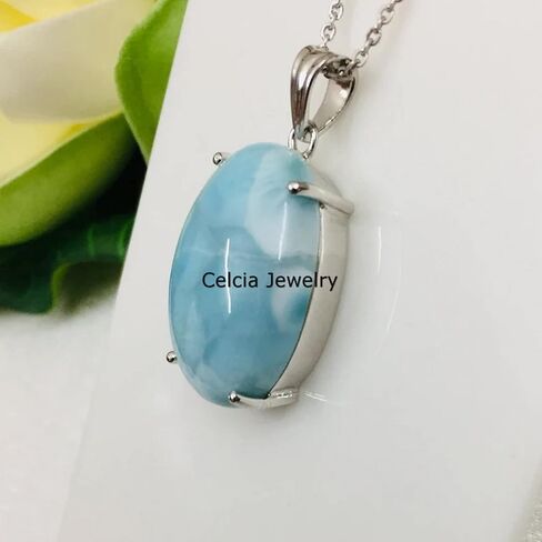Pure 925 Sterling Silver Necklace For Women, Genuine Prong Larimar Cabochon Blue Oval Gemstone Unique Handcrafted Necklace Gift For Her in Saudi Arabia