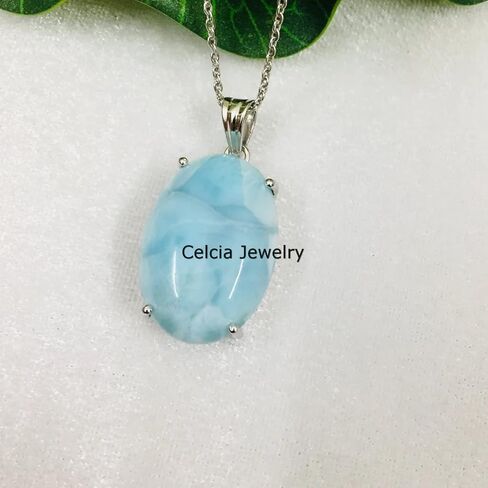 Pure 925 Sterling Silver Necklace For Women, Genuine Prong Larimar Cabochon Blue Oval Gemstone Unique Handcrafted Necklace Gift For Her in Saudi Arabia