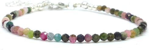 Natural Tourmaline Beaded Bracelet, 3mm Faceted Gemstone Multicolor Beads, Dainty Jewelry for Women Birthstone, Energy Healing Crystals, Silver Plated Chain 7+1 inch Valentine Gifts For Her in Saudi Arabia