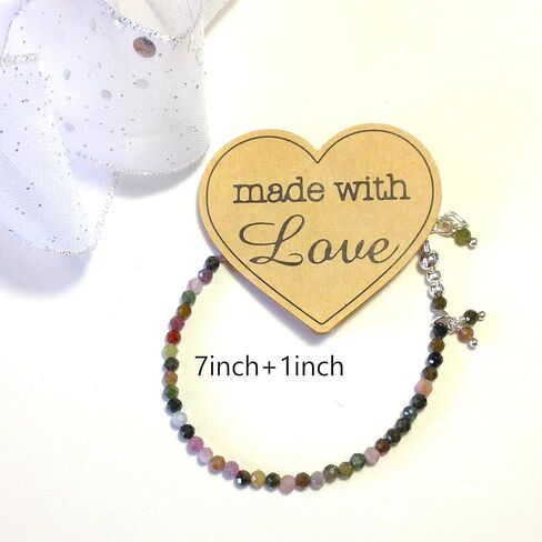 Natural Tourmaline Beaded Bracelet, 3mm Faceted Gemstone Multicolor Beads, Dainty Jewelry for Women Birthstone, Energy Healing Crystals, Silver Plated Chain 7+1 inch Valentine Gifts For Her in Saudi Arabia