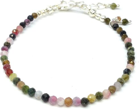 Natural Tourmaline Beaded Bracelet, 3mm Faceted Gemstone Multicolor Beads, Dainty Jewelry for Women Birthstone, Energy Healing Crystals, Silver Plated Chain 7+1 inch Valentine Gifts For Her in Saudi Arabia