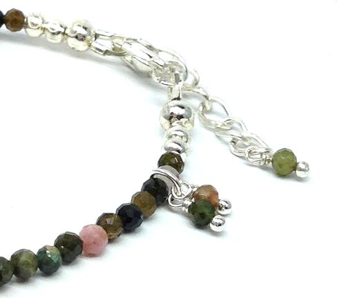 Natural Tourmaline Beaded Bracelet, 3mm Faceted Gemstone Multicolor Beads, Dainty Jewelry for Women Birthstone, Energy Healing Crystals, Silver Plated Chain 7+1 inch Valentine Gifts For Her in Saudi Arabia
