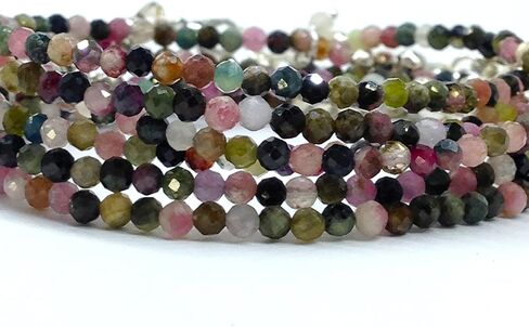 Natural Tourmaline Beaded Bracelet, 3mm Faceted Gemstone Multicolor Beads, Dainty Jewelry for Women Birthstone, Energy Healing Crystals, Silver Plated Chain 7+1 inch Valentine Gifts For Her in Saudi Arabia