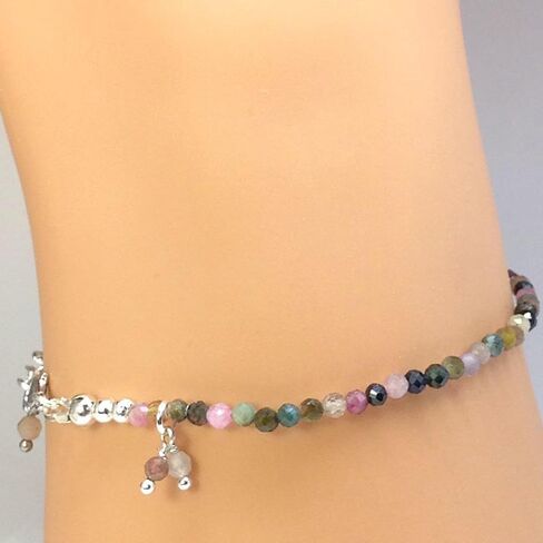 Natural Tourmaline Beaded Bracelet, 3mm Faceted Gemstone Multicolor Beads, Dainty Jewelry for Women Birthstone, Energy Healing Crystals, Silver Plated Chain 7+1 inch Valentine Gifts For Her in Saudi Arabia