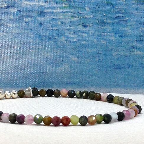 Natural Tourmaline Beaded Bracelet, 3mm Faceted Gemstone Multicolor Beads, Dainty Jewelry for Women Birthstone, Energy Healing Crystals, Silver Plated Chain 7+1 inch Valentine Gifts For Her in Saudi Arabia