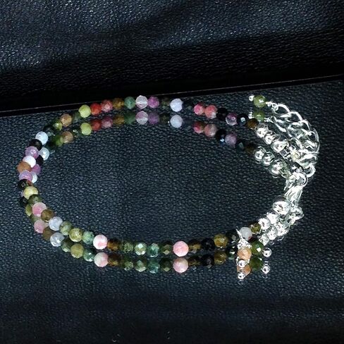 Natural Tourmaline Beaded Bracelet, 3mm Faceted Gemstone Multicolor Beads, Dainty Jewelry for Women Birthstone, Energy Healing Crystals, Silver Plated Chain 7+1 inch Valentine Gifts For Her in Saudi Arabia