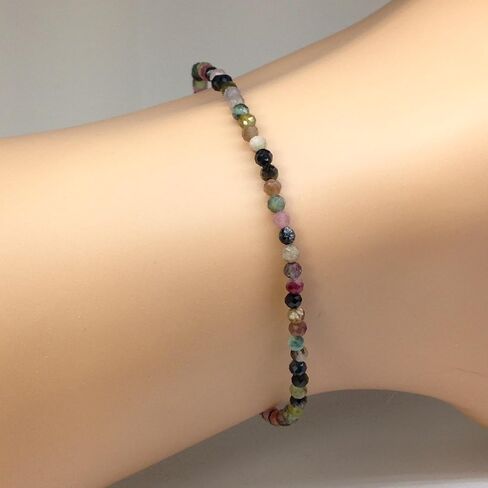Natural Tourmaline Beaded Bracelet, 3mm Faceted Gemstone Multicolor Beads, Dainty Jewelry for Women Birthstone, Energy Healing Crystals, Silver Plated Chain 7+1 inch Valentine Gifts For Her in Saudi Arabia