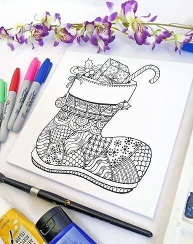 جورب عيد الميلاد قماش مرسوم مسبقًا للرسم | قماش معبى ممتد | 8 × 8 بوصة | مجموعة الفن والرشفة، مجموعة DIY، هدايا الحفلات | رسومات سهلة وممتعة للتلوين in Saudi Arabia