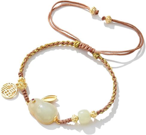 Delicate Handmade Wrapped String Adjustable Bracelet - Rabbit Gemstone Charm with Chinese Fu Lucky Character - Hand Rope Jewelry for Her in Saudi Arabia