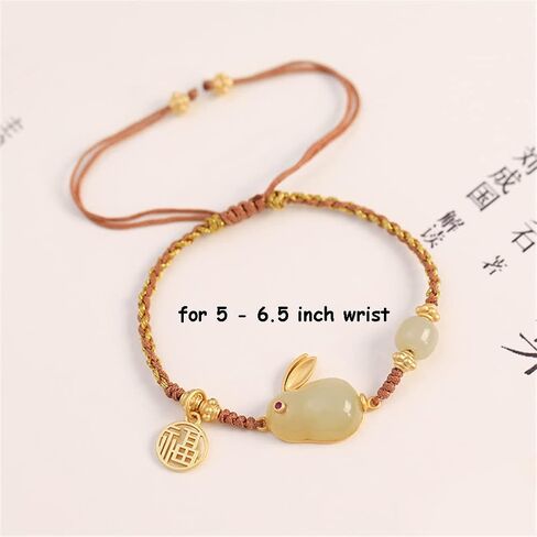 Delicate Handmade Wrapped String Adjustable Bracelet - Rabbit Gemstone Charm with Chinese Fu Lucky Character - Hand Rope Jewelry for Her in Saudi Arabia