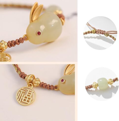 Delicate Handmade Wrapped String Adjustable Bracelet - Rabbit Gemstone Charm with Chinese Fu Lucky Character - Hand Rope Jewelry for Her in Saudi Arabia