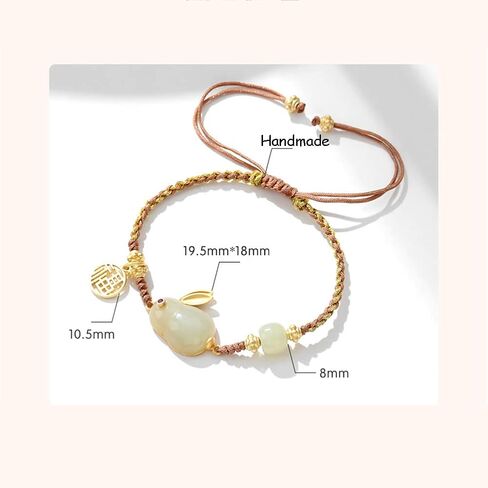 Delicate Handmade Wrapped String Adjustable Bracelet - Rabbit Gemstone Charm with Chinese Fu Lucky Character - Hand Rope Jewelry for Her in Saudi Arabia