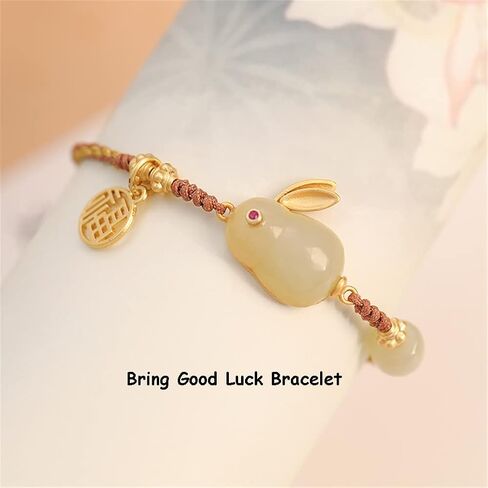 Delicate Handmade Wrapped String Adjustable Bracelet - Rabbit Gemstone Charm with Chinese Fu Lucky Character - Hand Rope Jewelry for Her in Saudi Arabia
