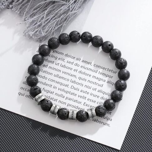 Custom Name Lava Bead Bracelet for Men – Personalized Stone Bracelet with 1–4 Engraved Charms – Black Beaded Bracelet for Dad, Husband, Boyfriend, or Father’s Day Gift in Saudi Arabia
