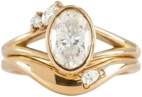 SilverQ 2 Ct Oval Cut Diamond Classic Bezel Set Engagement Ring Set for Women 14K Gold Plated Dome Curved Matching Wedding Band Set 925 Sterling Silver Handmade Modern Bridal Set Jewelry in Saudi Arabia