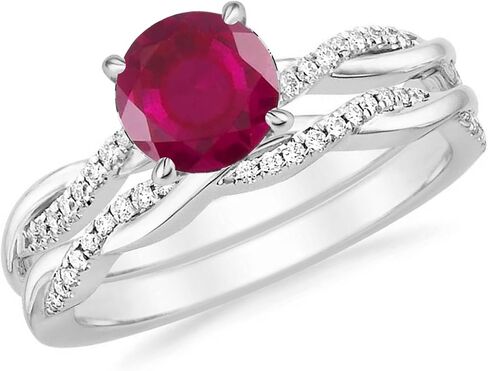 1.00 Carat Round Cut Ruby & Diamond Twisted Solitaire With Accent Engagement Bridal Set For Women, 14K Yellow Gold Plated 925 Silver July Birthstone Ruby Swirl Bypass Engagement Ring Set in Saudi Arabia
