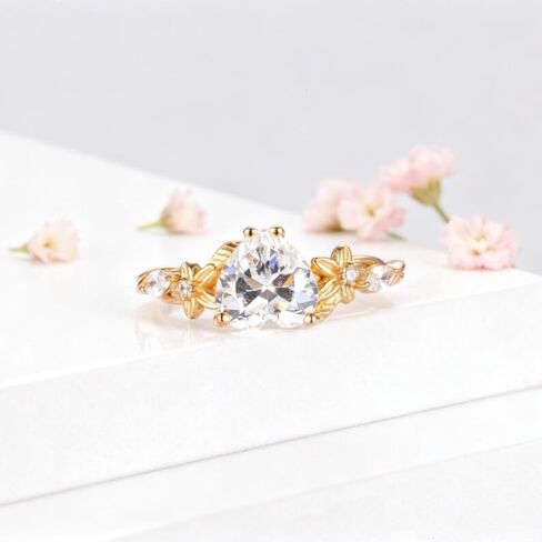 1.50 Ct Heart Diamond Delicate Floral Dainty Cuvred Twig Leaf Engagement Ring Set For Women Nature Inspire Promise Ring 14K Yellow Gold Plated 925 Sterling Silver Handmade Christmas Ring in Saudi Arabia