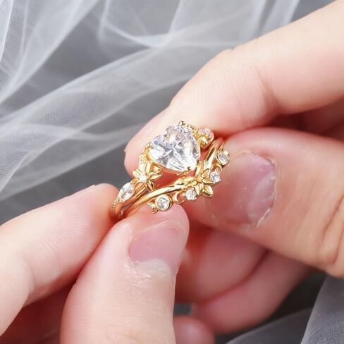 1.50 Ct Heart Diamond Delicate Floral Dainty Cuvred Twig Leaf Engagement Ring Set For Women Nature Inspire Promise Ring 14K Yellow Gold Plated 925 Sterling Silver Handmade Christmas Ring in Saudi Arabia