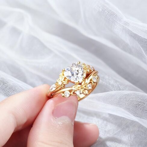 1.50 Ct Heart Diamond Delicate Floral Dainty Cuvred Twig Leaf Engagement Ring Set For Women Nature Inspire Promise Ring 14K Yellow Gold Plated 925 Sterling Silver Handmade Christmas Ring in Saudi Arabia