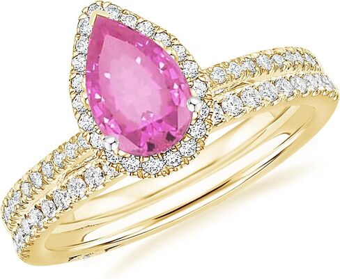 1 Carat Pear Cut Pink Sapphire & Diamond Halo Engagement Ring With Matching Wedding Band For Women, 14K Gold Plated 925 Silver September Birthstone Side Stone Halo Bridal Set in Saudi Arabia