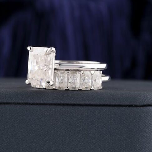 SilverQ Radiant Cut Diamond Bridal Set Classic Solitaire Engagement Ring For Women 14K White Gold Plated Half Eternity Wedding Band Set 925 Sterling Silver Handmade Stacking Matching Jewelry in Saudi Arabia