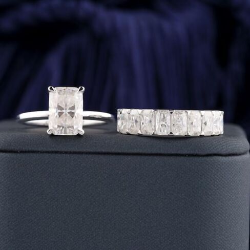 SilverQ Radiant Cut Diamond Bridal Set Classic Solitaire Engagement Ring For Women 14K White Gold Plated Half Eternity Wedding Band Set 925 Sterling Silver Handmade Stacking Matching Jewelry in Saudi Arabia