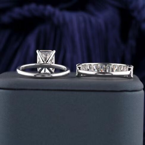 SilverQ Radiant Cut Diamond Bridal Set Classic Solitaire Engagement Ring For Women 14K White Gold Plated Half Eternity Wedding Band Set 925 Sterling Silver Handmade Stacking Matching Jewelry in Saudi Arabia