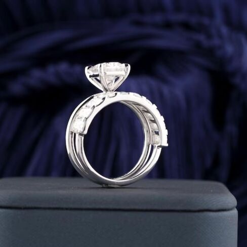 SilverQ Radiant Cut Diamond Bridal Set Classic Solitaire Engagement Ring For Women 14K White Gold Plated Half Eternity Wedding Band Set 925 Sterling Silver Handmade Stacking Matching Jewelry in Saudi Arabia