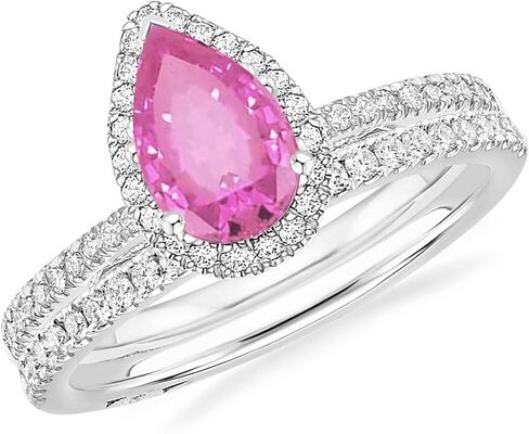 1 Carat Pear Cut Pink Sapphire & Diamond Halo Engagement Ring With Matching Wedding Band For Women, 14K Gold Plated 925 Silver September Birthstone Side Stone Halo Bridal Set in Saudi Arabia