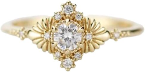 SILVERIST 2 Ct Round Diamond Vintage Art Deco Leaf Engagement Ring For Women Unique Palm Design Wedding Ring 14K Yellow Gold Plated 925 Sterling Silver Handmade Sparkling Christmas Ring Gift For Her in Saudi Arabia