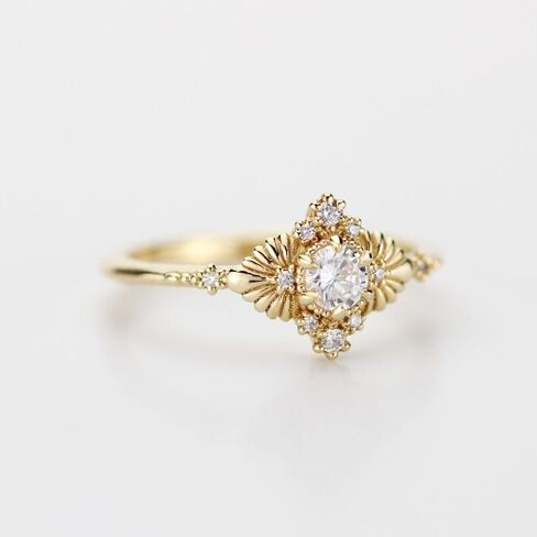 SILVERIST 2 Ct Round Diamond Vintage Art Deco Leaf Engagement Ring For Women Unique Palm Design Wedding Ring 14K Yellow Gold Plated 925 Sterling Silver Handmade Sparkling Christmas Ring Gift For Her in Saudi Arabia