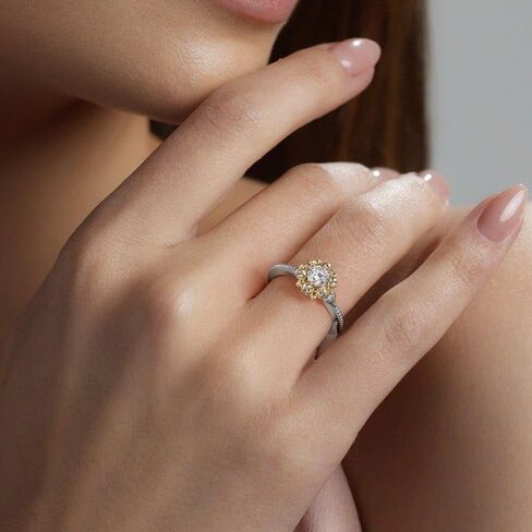 SILVERIST 1.50 Ct Round Cut Diamond Floral Inspired Design Engagement Ring For Women Delicate Milgrain Accented Band 14K Two Tone Gold Plated 925 Sterling Silver Handmade Statement Ring Gift For Her in Saudi Arabia