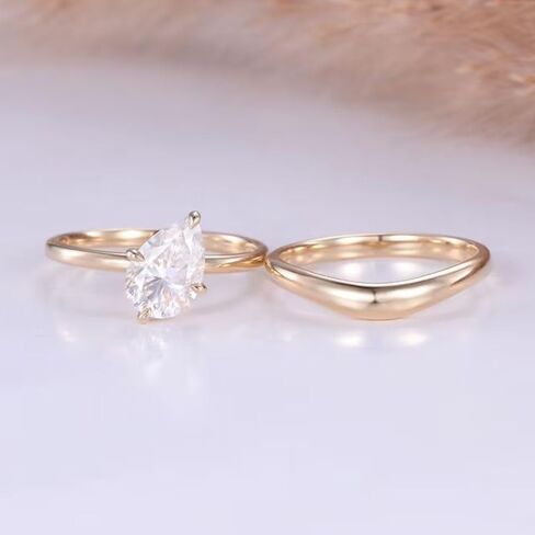 SilverQ 1.50 Ct Pear Cut Diamond Dainty Solitaire Women Bridal Engagement Ring Set 14K Yellow Gold Plated Minimalist curved Wedding Band Set 925 Sterling Silver Handmade Simple Stacking Jewelry Set in Saudi Arabia