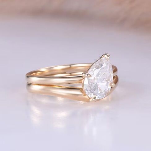 SilverQ 1.50 Ct Pear Cut Diamond Dainty Solitaire Women Bridal Engagement Ring Set 14K Yellow Gold Plated Minimalist curved Wedding Band Set 925 Sterling Silver Handmade Simple Stacking Jewelry Set in Saudi Arabia