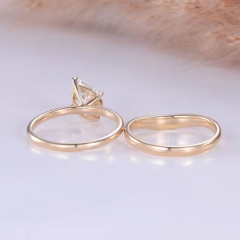 SilverQ 1.50 Ct Pear Cut Diamond Dainty Solitaire Women Bridal Engagement Ring Set 14K Yellow Gold Plated Minimalist curved Wedding Band Set 925 Sterling Silver Handmade Simple Stacking Jewelry Set in Saudi Arabia