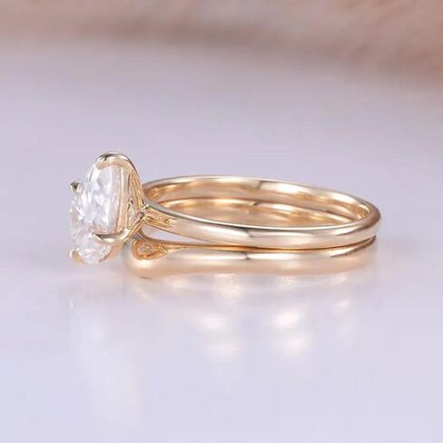 SilverQ 1.50 Ct Pear Cut Diamond Dainty Solitaire Women Bridal Engagement Ring Set 14K Yellow Gold Plated Minimalist curved Wedding Band Set 925 Sterling Silver Handmade Simple Stacking Jewelry Set in Saudi Arabia