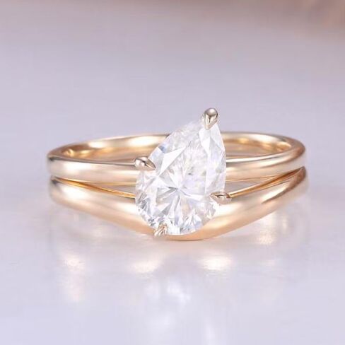 SilverQ 1.50 Ct Pear Cut Diamond Dainty Solitaire Women Bridal Engagement Ring Set 14K Yellow Gold Plated Minimalist curved Wedding Band Set 925 Sterling Silver Handmade Simple Stacking Jewelry Set in Saudi Arabia