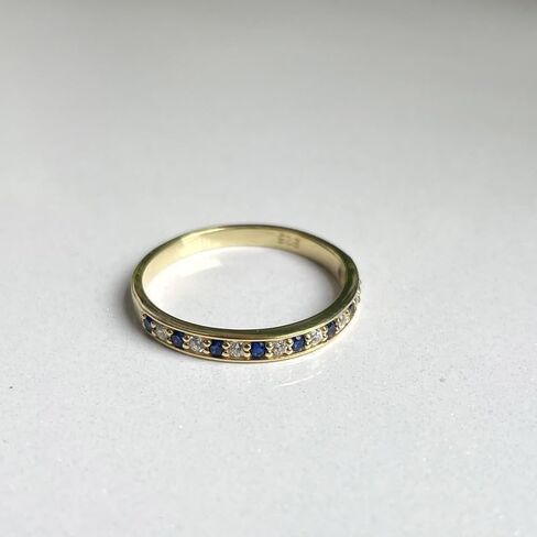 Alternate Blue Sapphire & White Diamond Wedding Band For Women, 14k Gold Finish Blue Sapphire Half Eternity Ring, Ladies Stackable Diamond Ring in Saudi Arabia