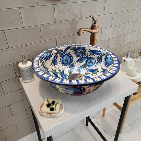 Unique Floral Bathroom Vessel Sink, Ceramic Round Washbasin, Vanity Vessel Sink, Kitchen Countertop Basin, Powder Sink, Bathroom Remodeling in Saudi Arabia