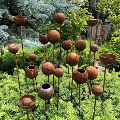 Rusty Flower Buds Set of 20, Metal Garden Stakes, Rustic Yard Art, Outdoor Metal Decor, Weathered Garden Sculpture, Rusty Rain Catchers in Saudi Arabia