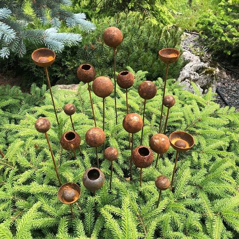 Rusty Flower Buds Set of 20, Metal Garden Stakes, Rustic Yard Art, Outdoor Metal Decor, Weathered Garden Sculpture, Rusty Rain Catchers in Saudi Arabia