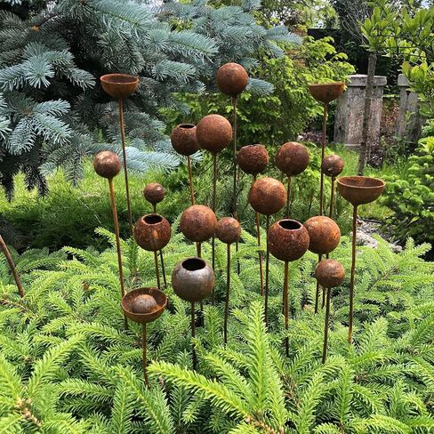 Rusty Flower Buds Set of 20, Metal Garden Stakes, Rustic Yard Art, Outdoor Metal Decor, Weathered Garden Sculpture, Rusty Rain Catchers in Saudi Arabia