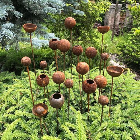 Rusty Flower Buds Set of 20, Metal Garden Stakes, Rustic Yard Art, Outdoor Metal Decor, Weathered Garden Sculpture, Rusty Rain Catchers in Saudi Arabia