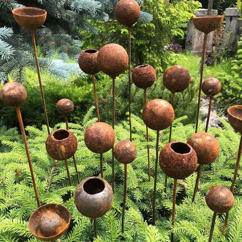 Rusty Flower Buds Set of 20, Metal Garden Stakes, Rustic Yard Art, Outdoor Metal Decor, Weathered Garden Sculpture, Rusty Rain Catchers in Saudi Arabia