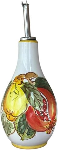 Italian Ceramic Olive Oil Bottle, Hand Painted Lemon & Pomegranate Design, 8.5 oz Oil & Vinegar Dispenser, Made in Italy, Mediterranean Kitchen Decor Cruet with Pour Spout in Saudi Arabia