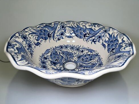 Bathroom Vanity Vessel Blue Sink, Floral Washbasin, Half Bathroom Sink, Pottery Decorative Basin, Ceramic Bath Decor, Remodeling, Midcentury (Diameter: Bathroom Set + 18") in Saudi Arabia