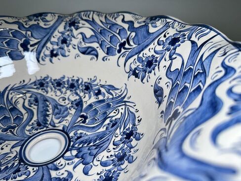 Bathroom Vanity Vessel Blue Sink, Floral Washbasin, Half Bathroom Sink, Pottery Decorative Basin, Ceramic Bath Decor, Remodeling, Midcentury (Diameter: Bathroom Set + 18") in Saudi Arabia